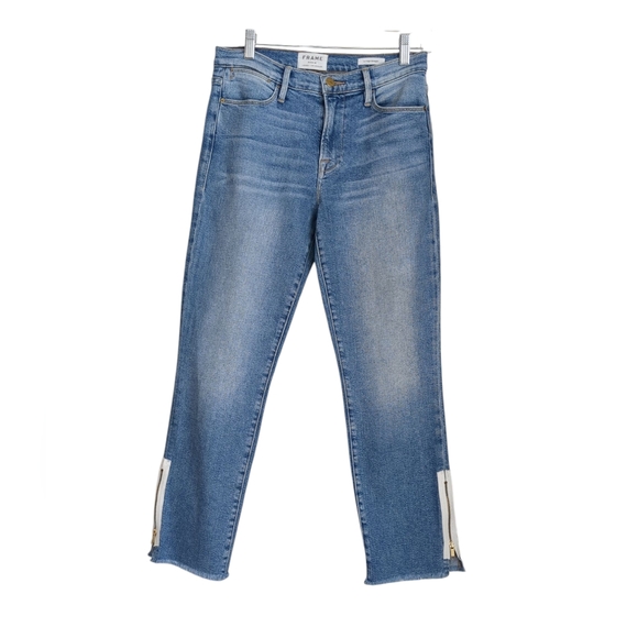 Frame Le High Straight Zipper Ankle Raw Hem Allowell Wash Stretch Jean Sz 28 - Picture 1 of 14